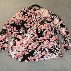 New Directions Curvy Pink & Black Floral Full Button Long Sleeve Blouse - 1X